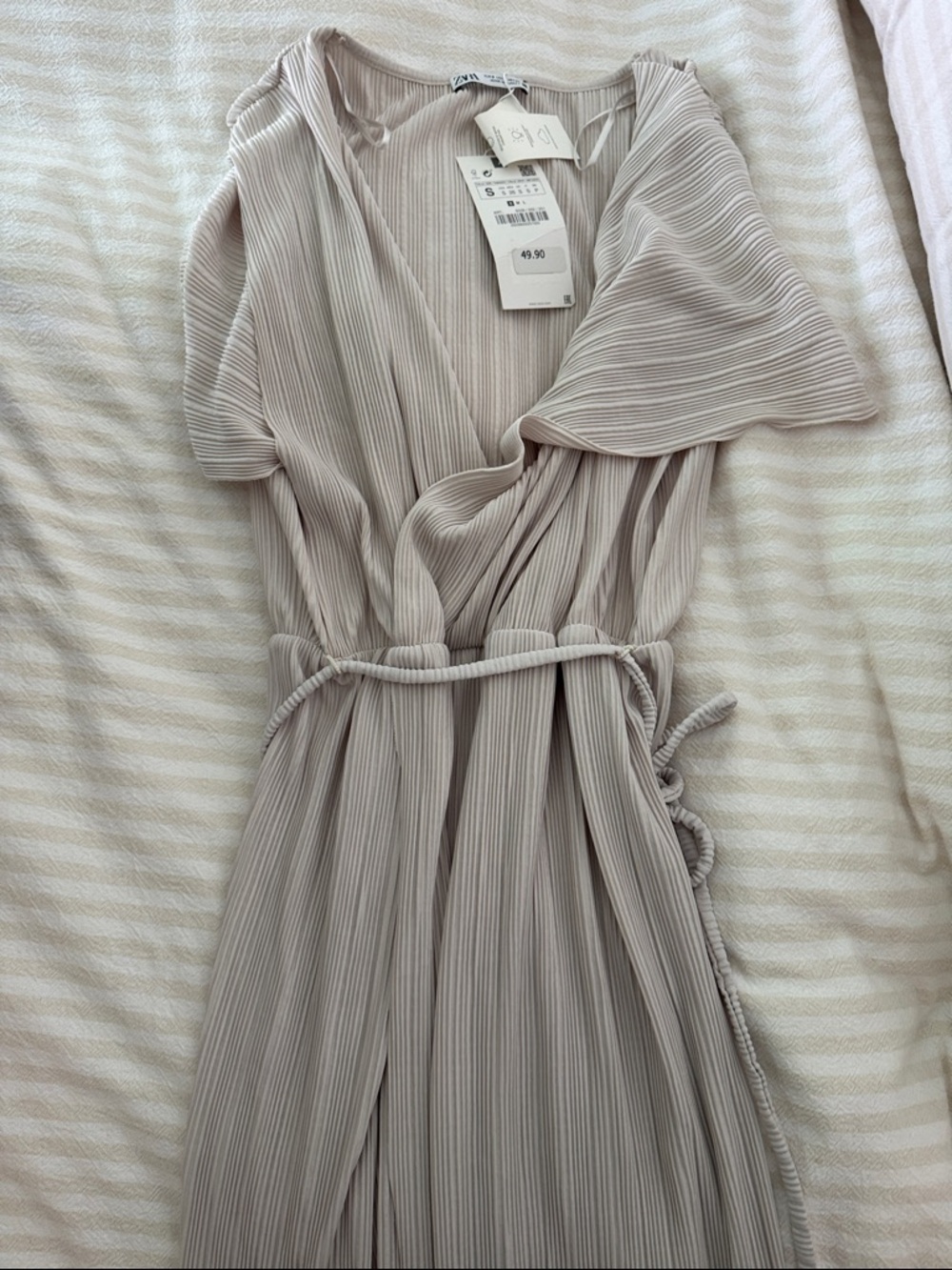 Zara Pleated Wrap Midi Dress in Light Taupe - small